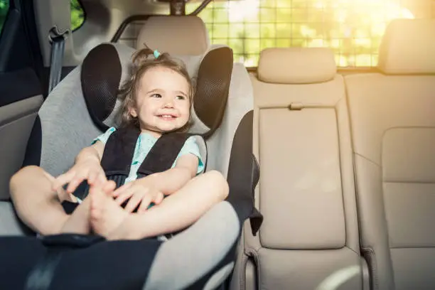 Beautyful smiling baby girl fastened with security belt in safety car seat